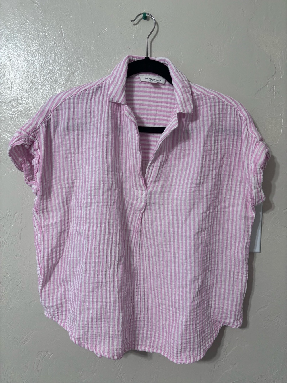 beachlunchlounge Pink & White Striped Seersucker Polo Top